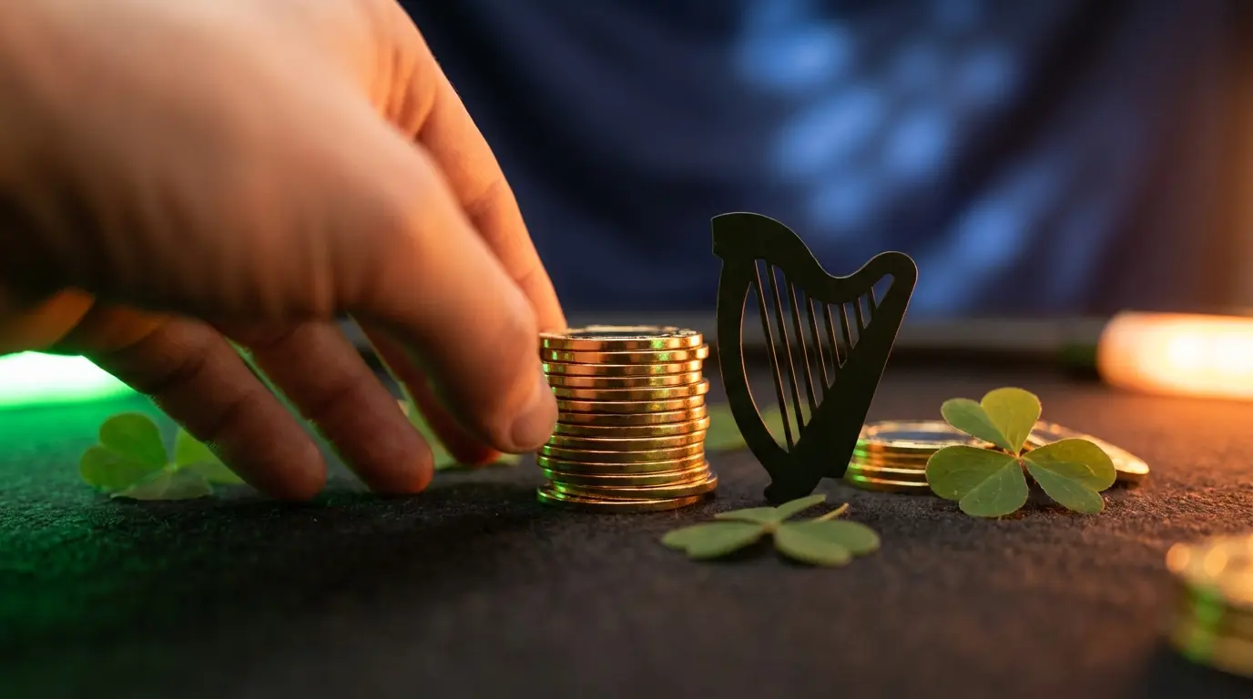 Casino chips with Irish cultural elements in warm lighting