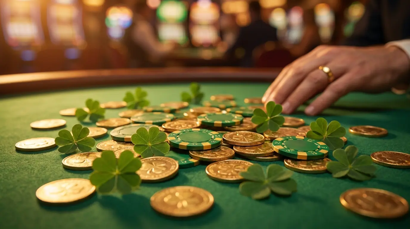 Casino chips and coins with shamrock clovers on green felt table