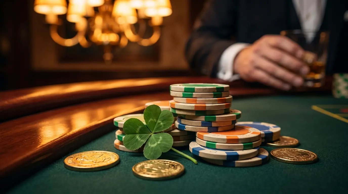 Casino chips and shamrock on green felt with golden lighting