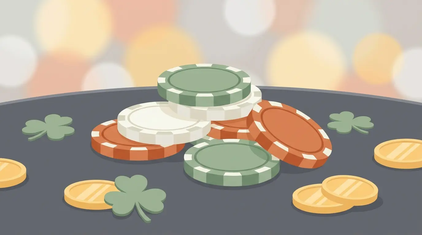Casino chips in Irish colors with shamrock clovers on felt table