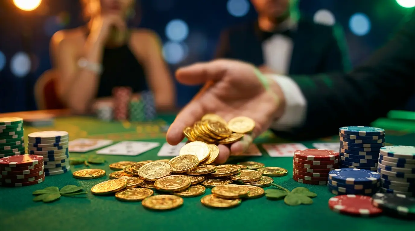 Golden coins and poker chips on green felt with shamrock clovers