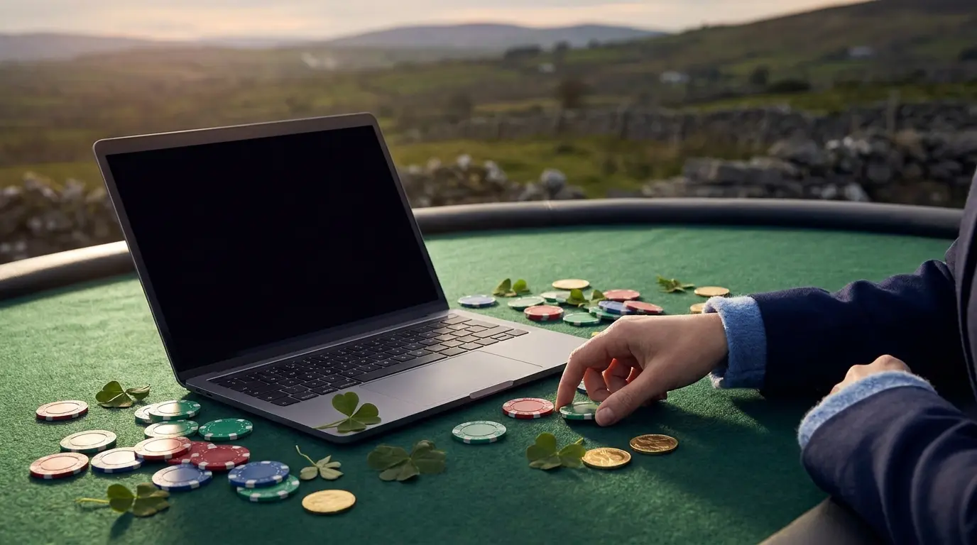 Laptop with casino chips and Irish shamrocks on green felt