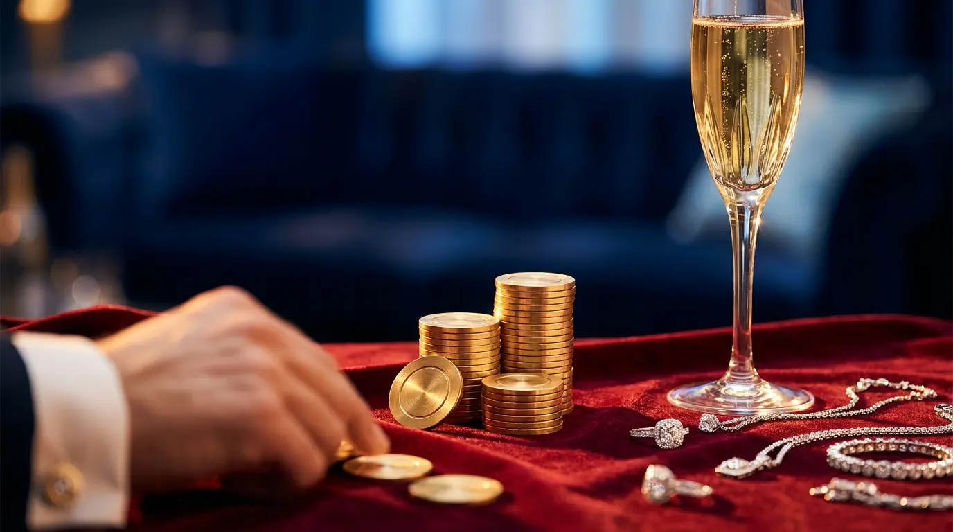 Luxury casino chips with champagne and diamonds on red velvet