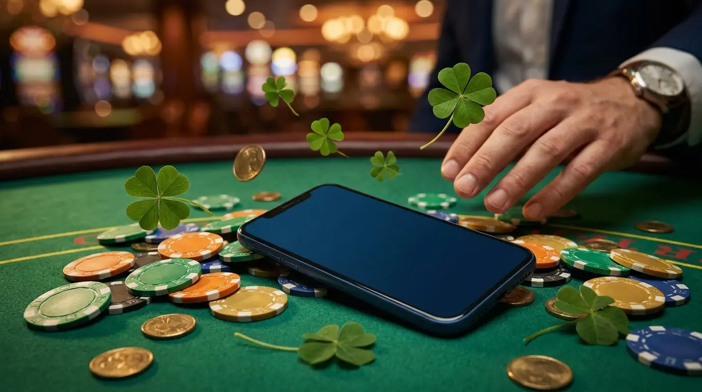 Mobile phone on casino table with poker chips and Irish shamrocks