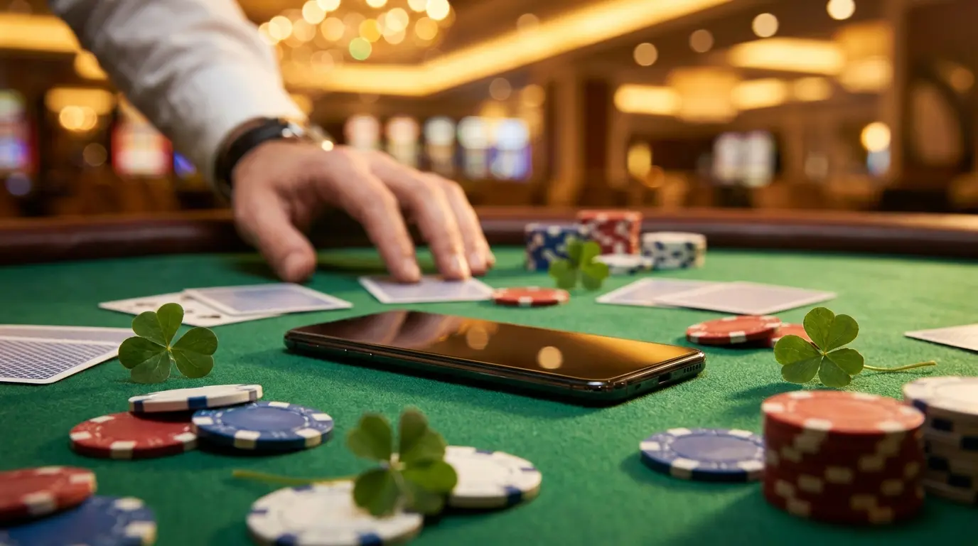 Mobile phone on casino table with poker chips and shamrock clovers