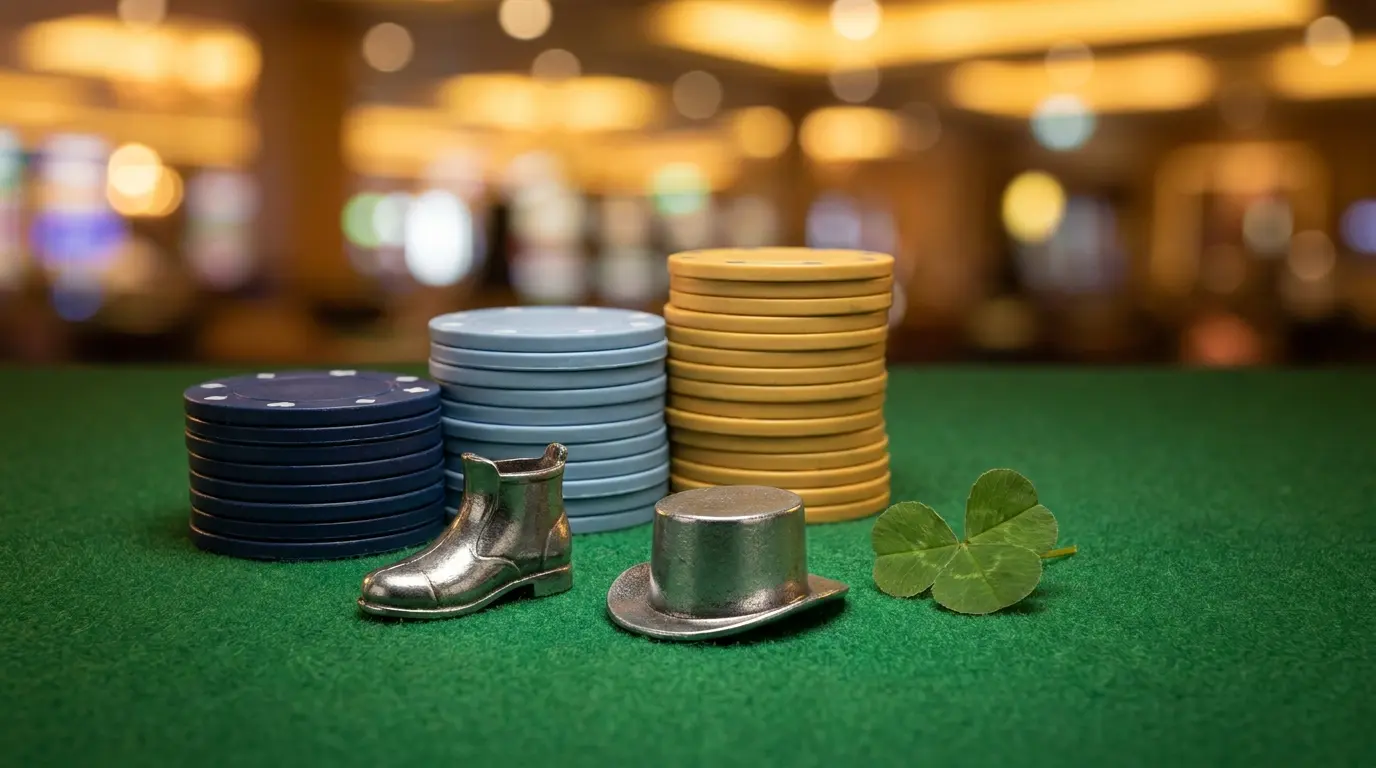 Monopoly tokens with poker chips and shamrock on casino felt
