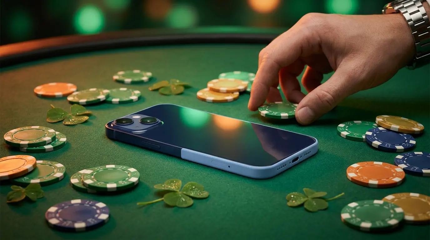 Smartphone on casino felt with poker chips and shamrock leaves