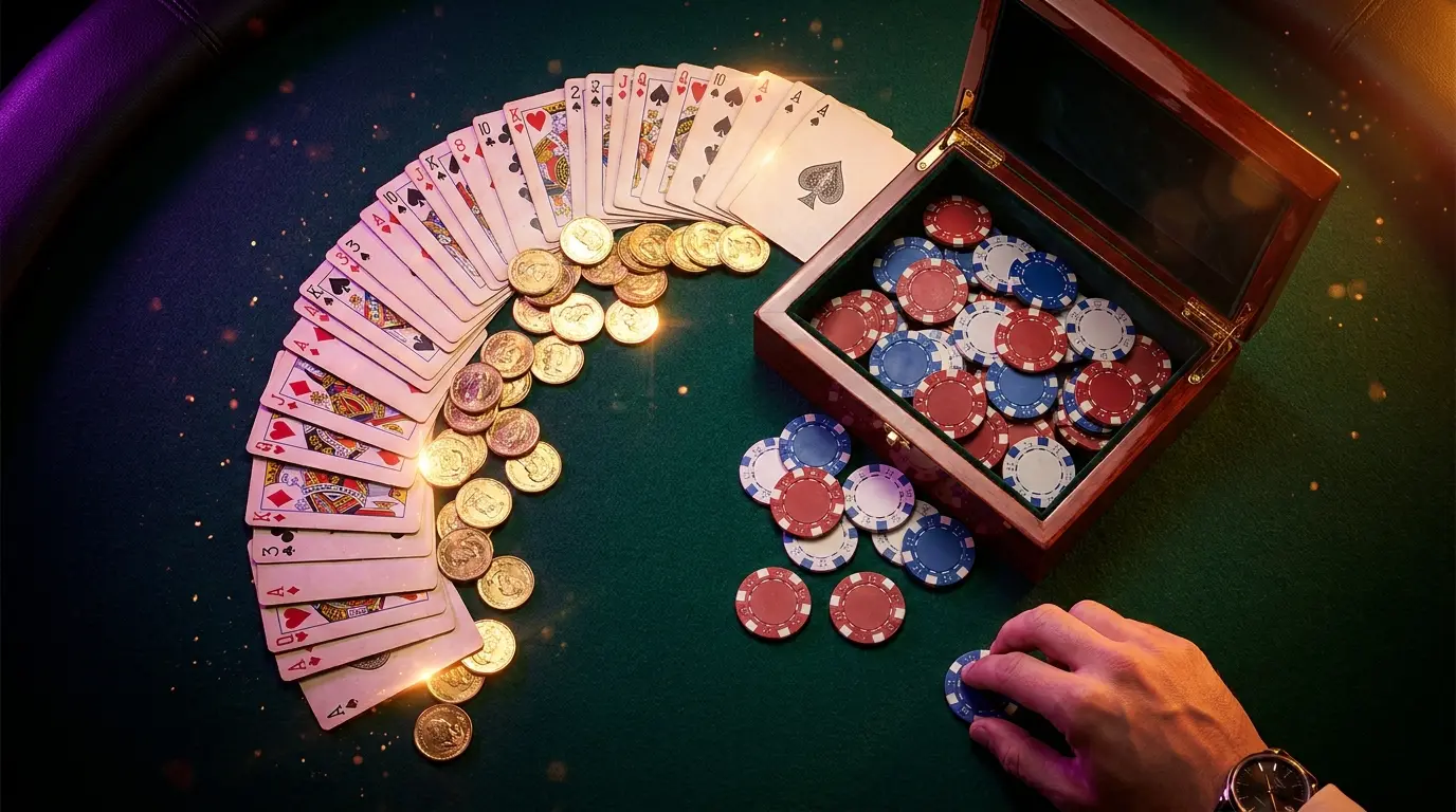 Casino cards, coins and gift box with chips on felt table
