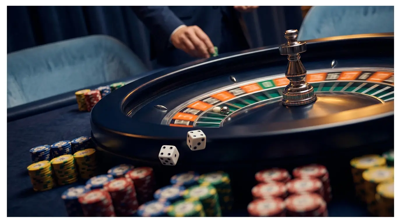 Roulette wheel with Monopoly dice and poker chips in motion