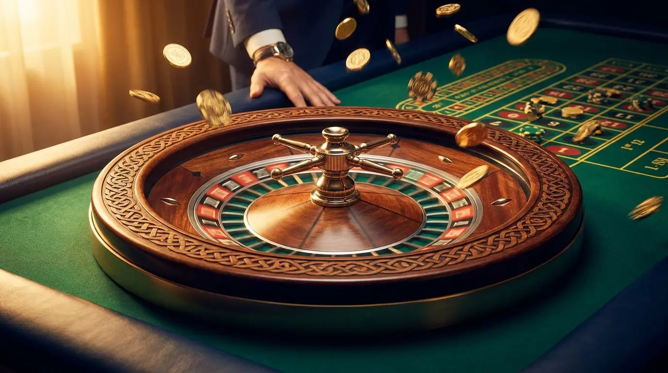 Roulette wheel with falling gold coins and Irish motifs