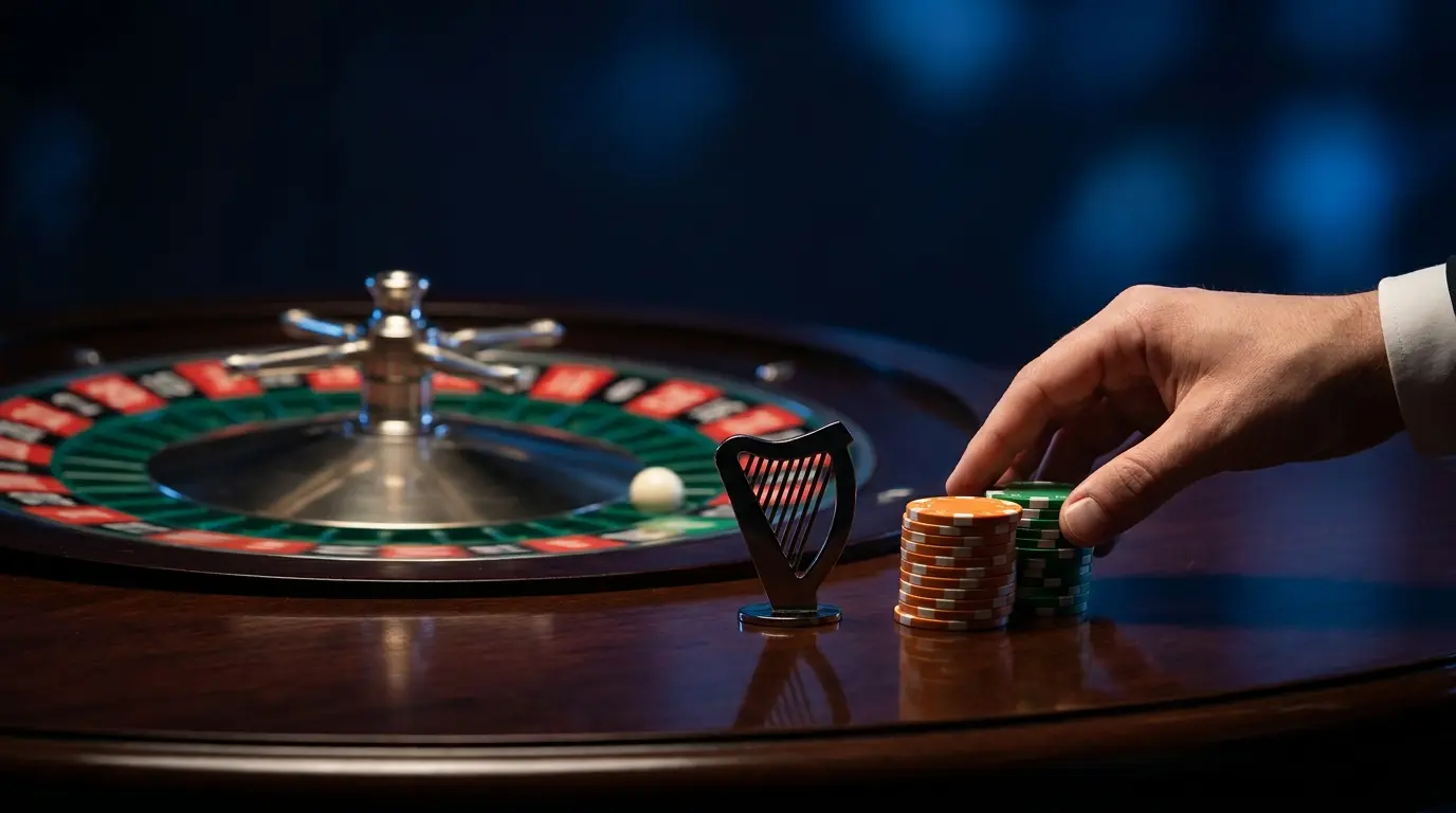 Spinning roulette wheel with Irish-themed casino chips and harp