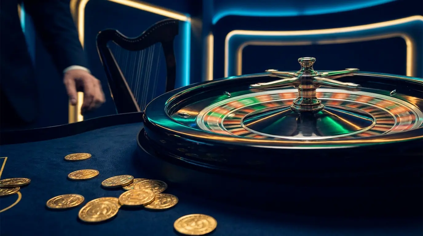 Roulette wheel spinning with Irish cultural elements and casino chips