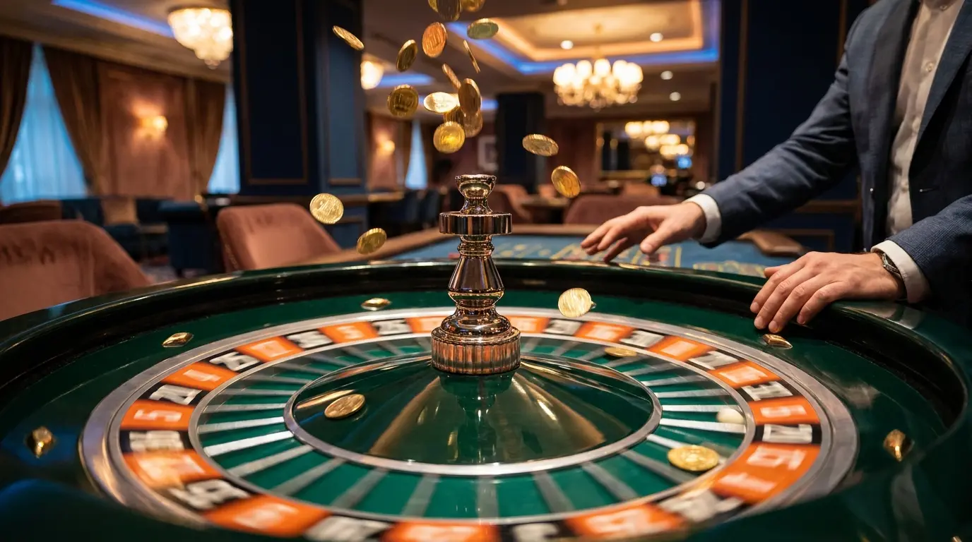 Spinning roulette wheel with Irish colors and falling gold coins