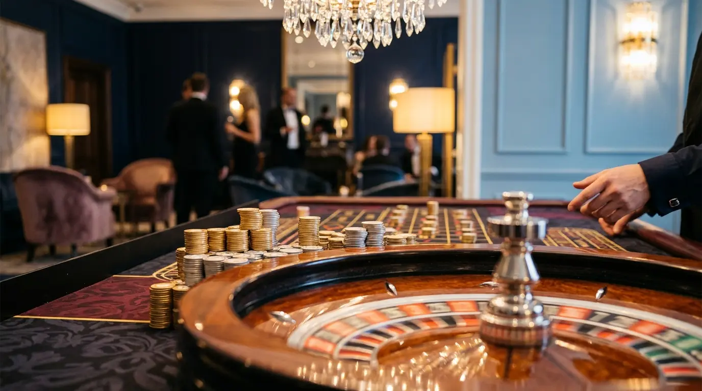 Spinning roulette wheel with premium chips and chandelier glow