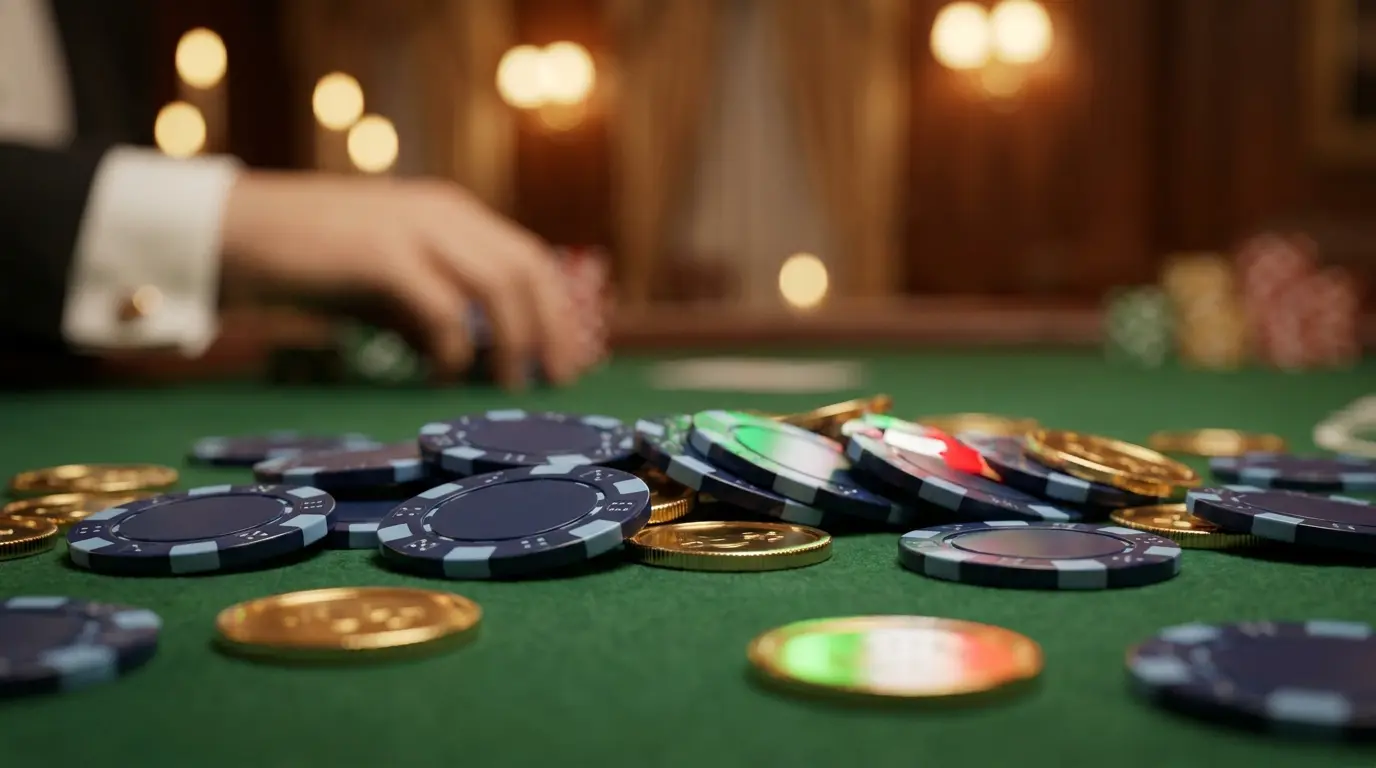 Fiches da casino e monete dorate su tavolo verde con illuminazione calda