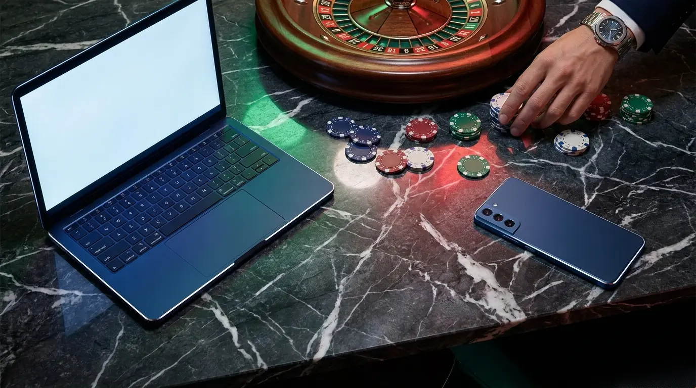 Dispositivi digitali con chips da casinò su marmo italiano