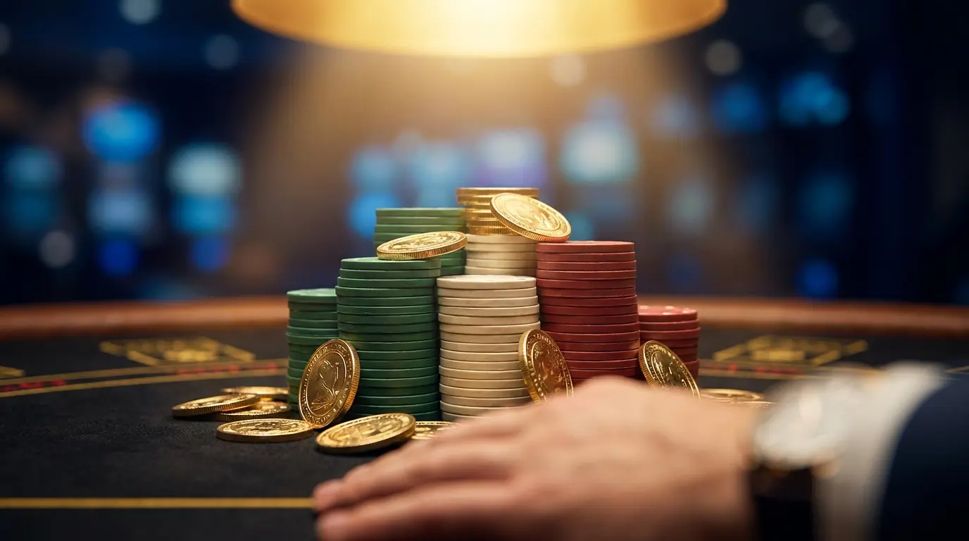 Fiches da casinò e monete dorate su tavolo da gioco elegante