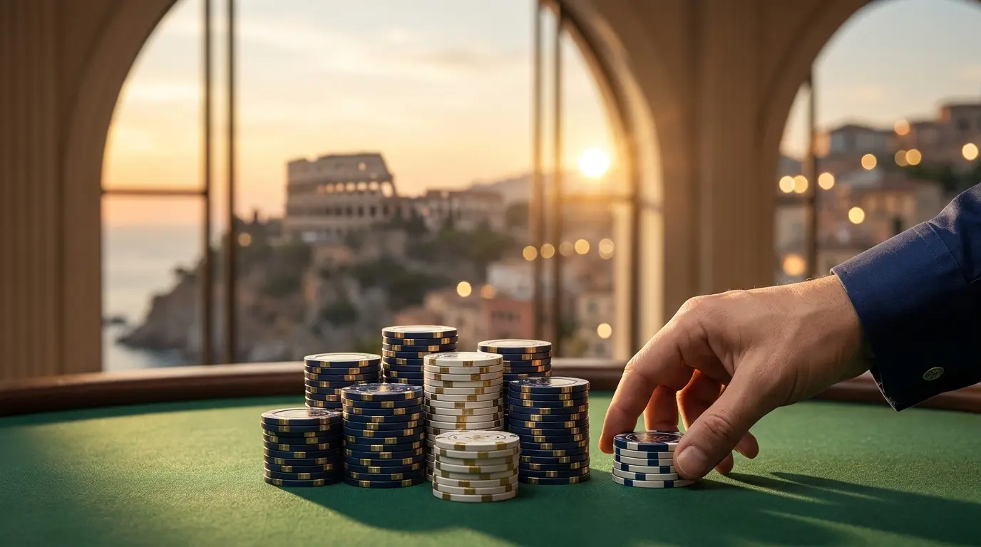 Chips da casinò con panorama italiano al tramonto