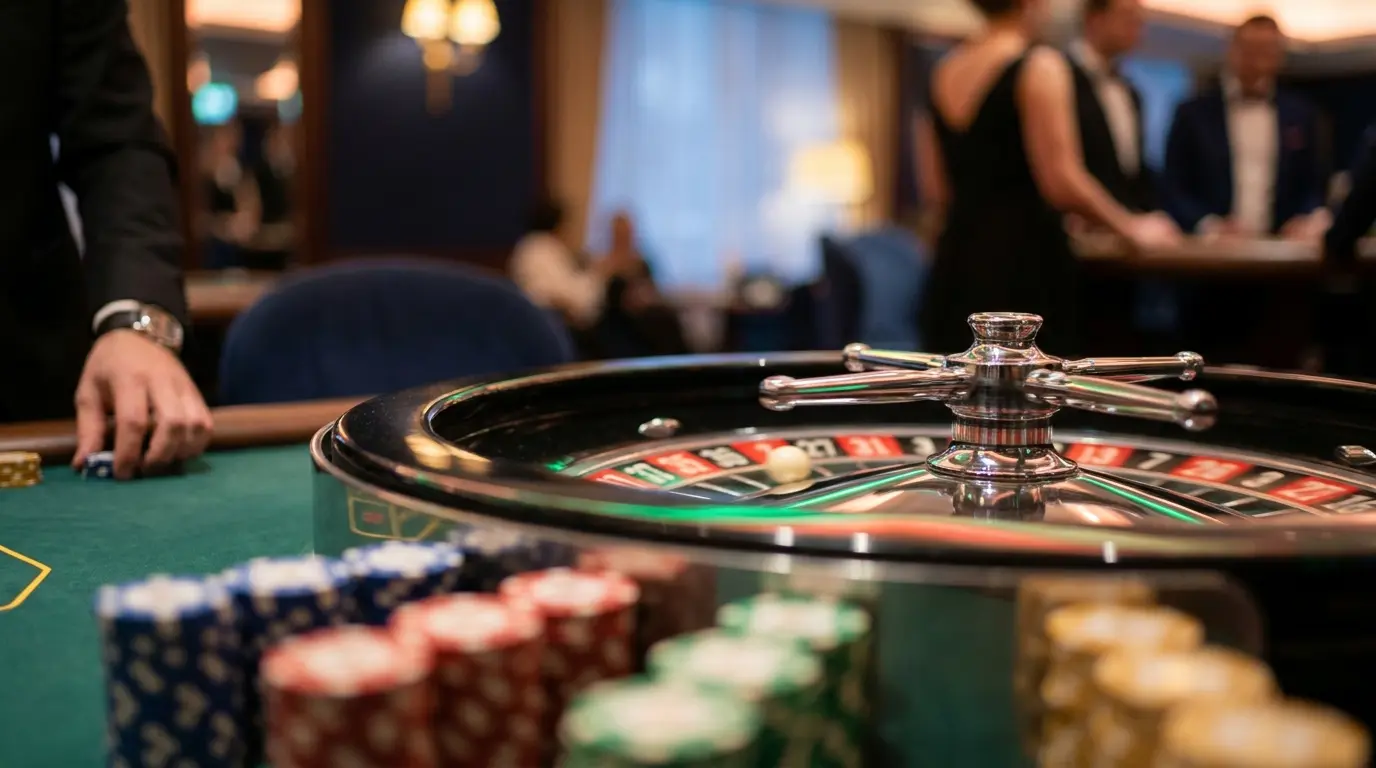 Ruota della roulette dal vivo con gettoni da casinò colorati
