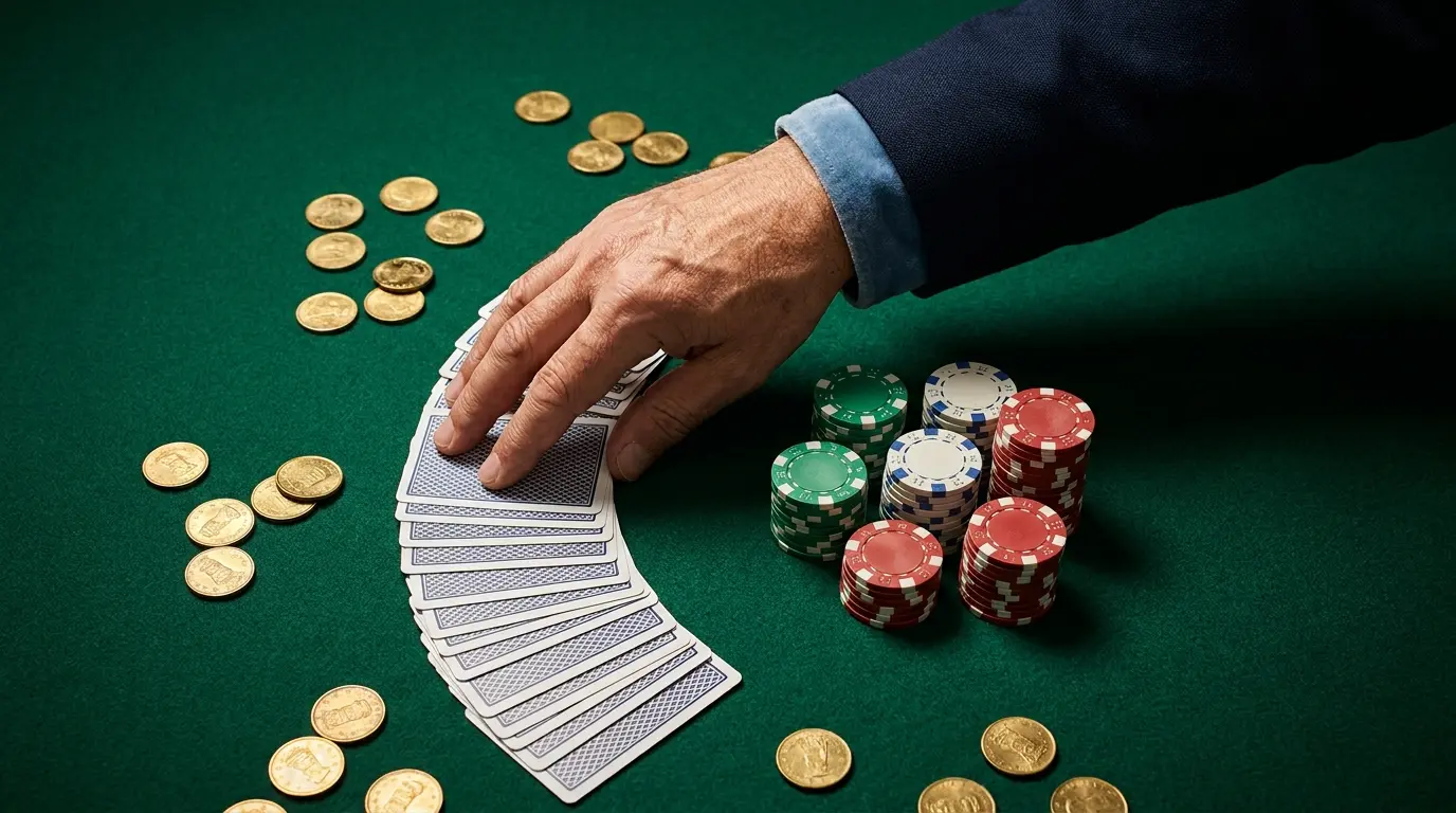 Carte da gioco e fiches disposte su tavolo da poker verde