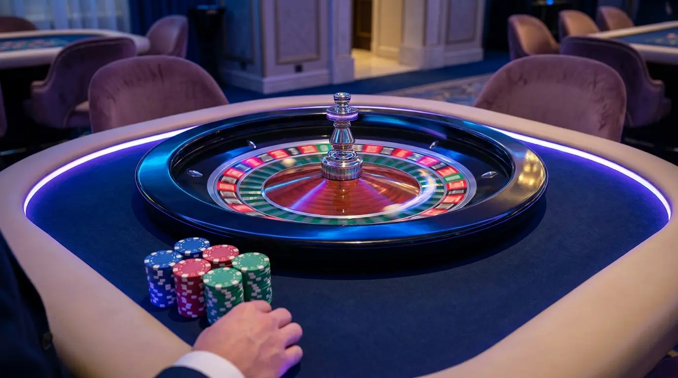 Roulette in movimento con fiches colorate in primo piano