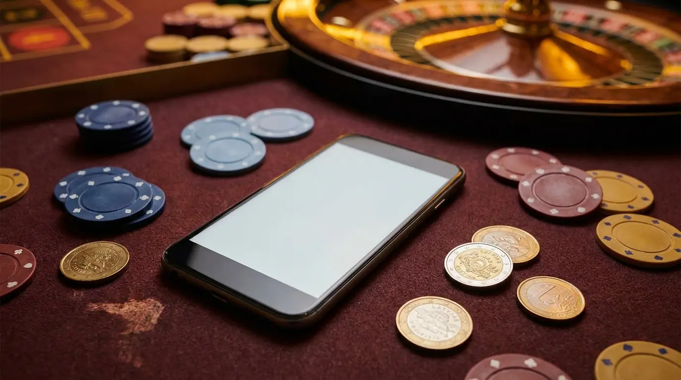iPhone ar kazino žetoniem un euro monētām uz spēļu galda