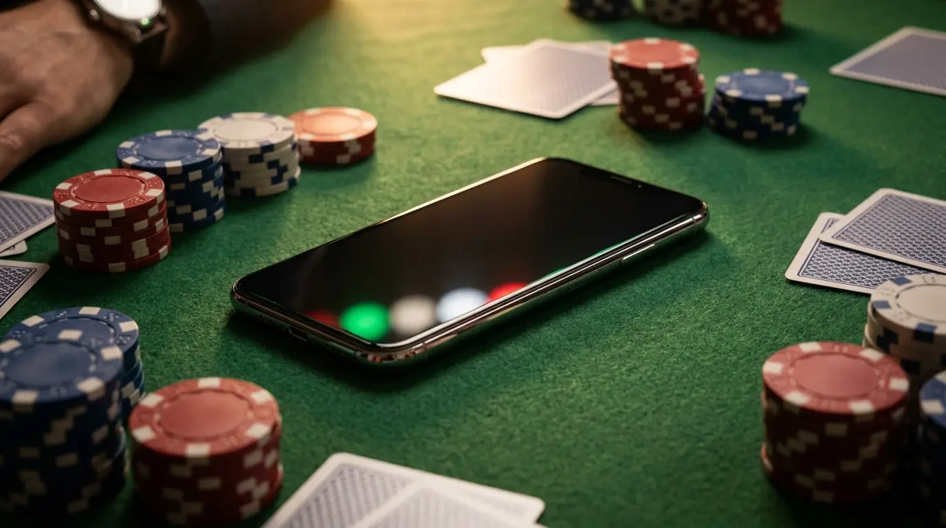 Smartphone rodeado de fichas de casino y cartas sobre mesa verde