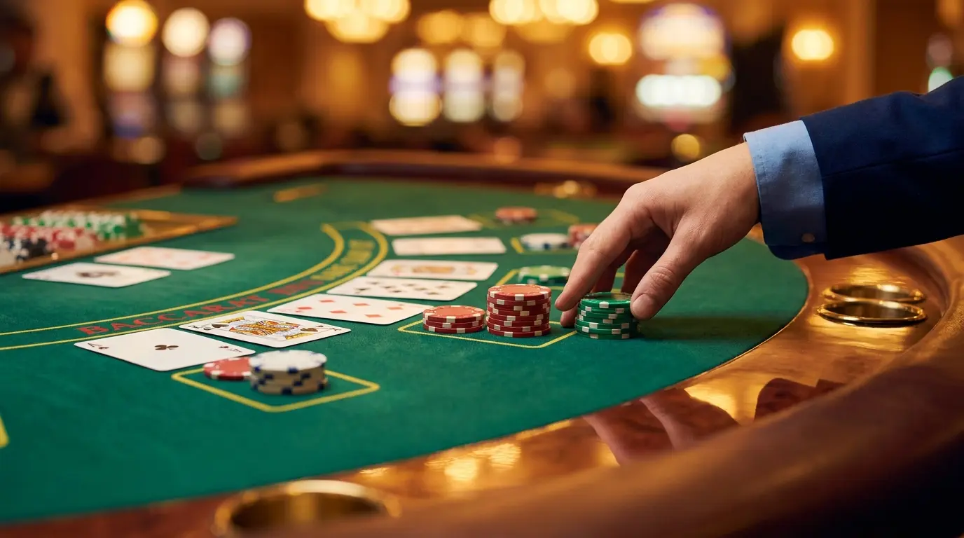Cartas de baccarat y fichas con colores mexicanos sobre mesa de casino