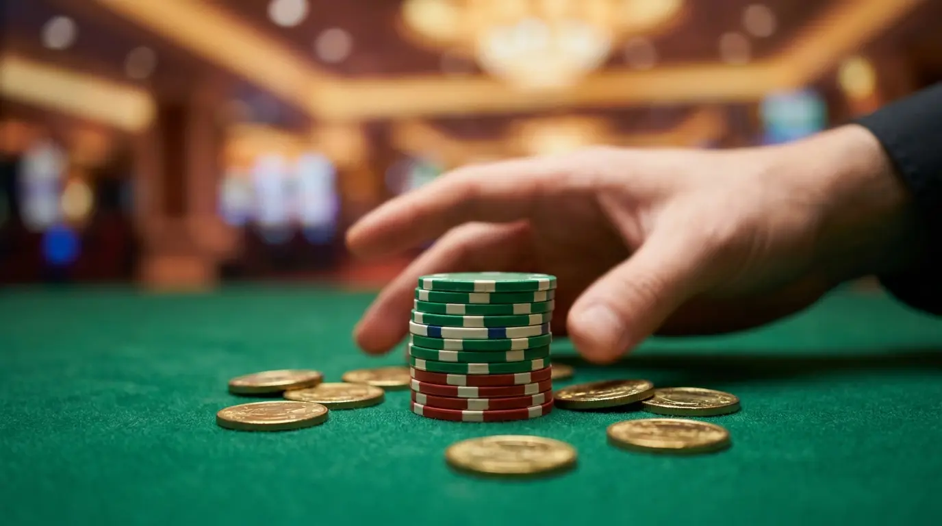 Fichas de casino y monedas sobre mesa de fieltro verde