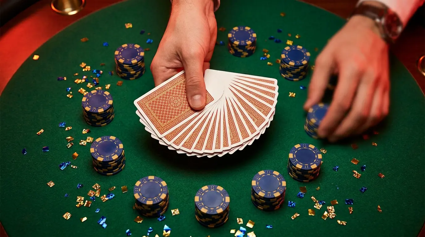 Cartas y fichas de casino dispuestas en composici贸n circular
