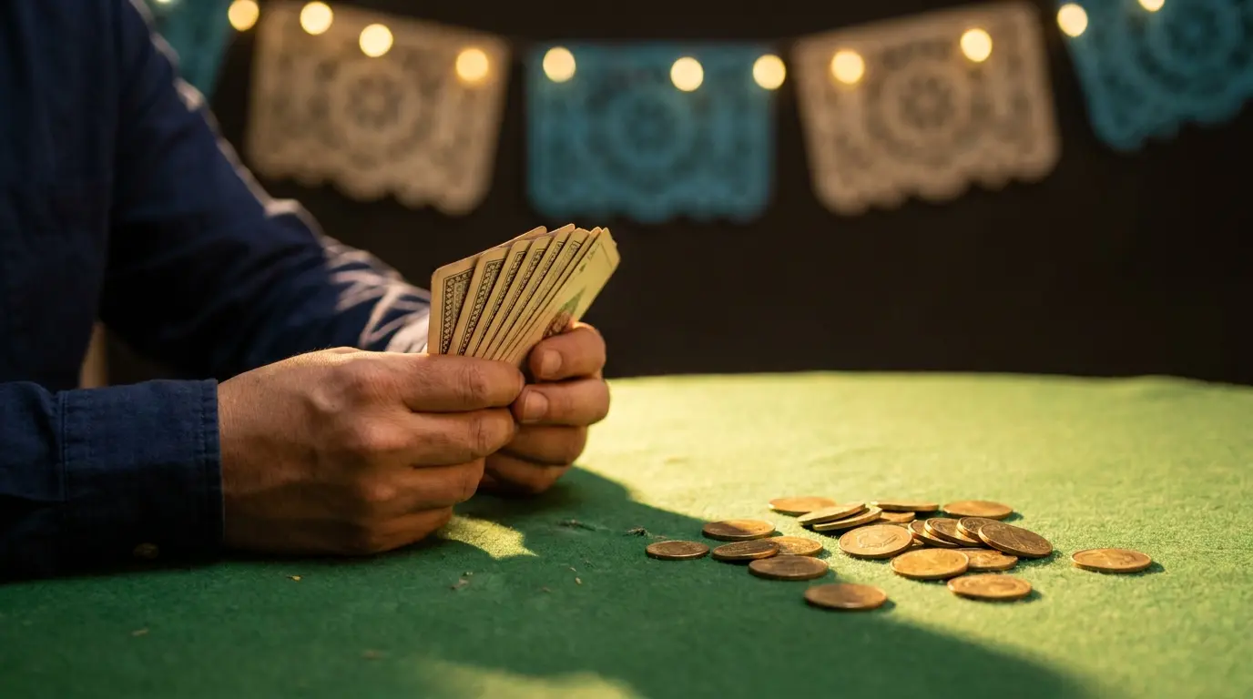 Cartas y monedas sobre mesa de casino con ambiente mexicano