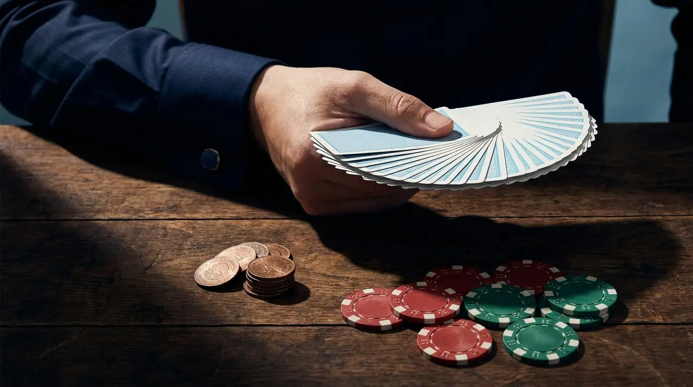 Cartas de póker y monedas mexicanas en mesa de casino