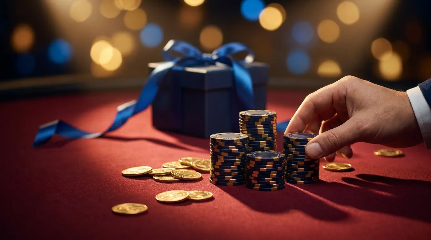 Fichas de casino apiladas con monedas y caja de regalo