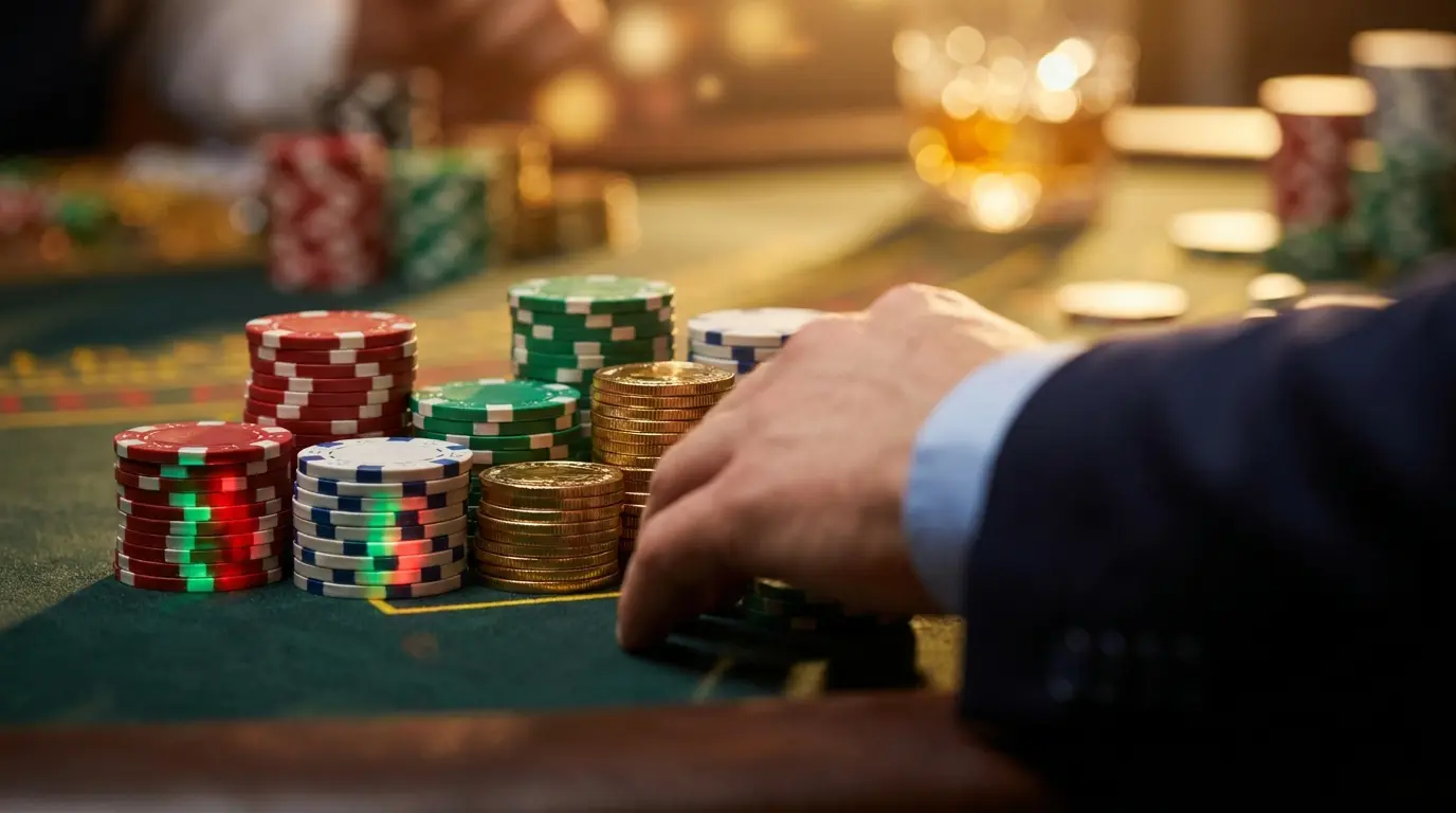 Fichas de casino y monedas doradas con colores mexicanos