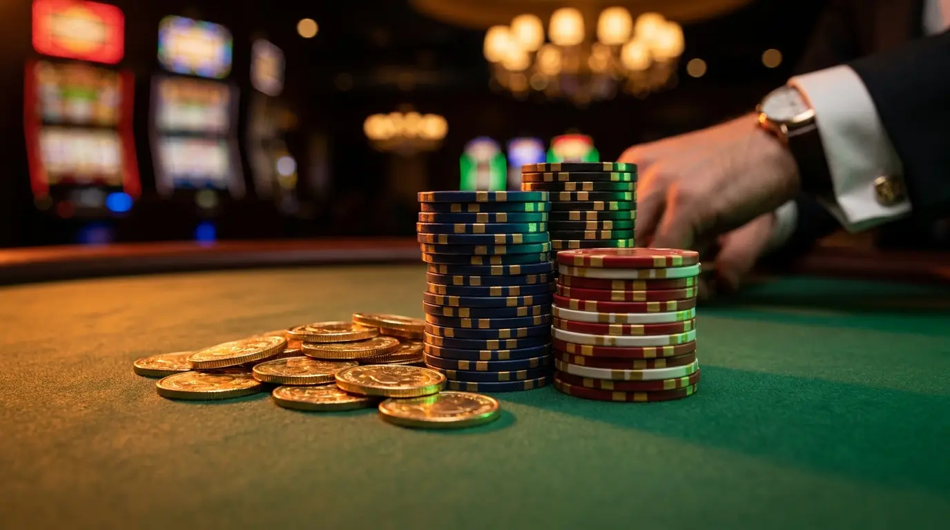 Fichas de casino y monedas sobre mesa con iluminación cálida