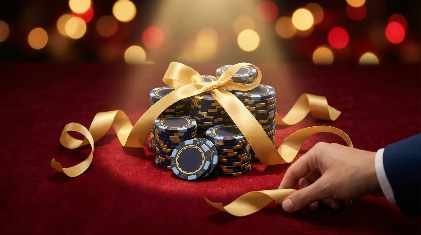 Fichas de casino con lazo dorado sobre terciopelo rojo brillante