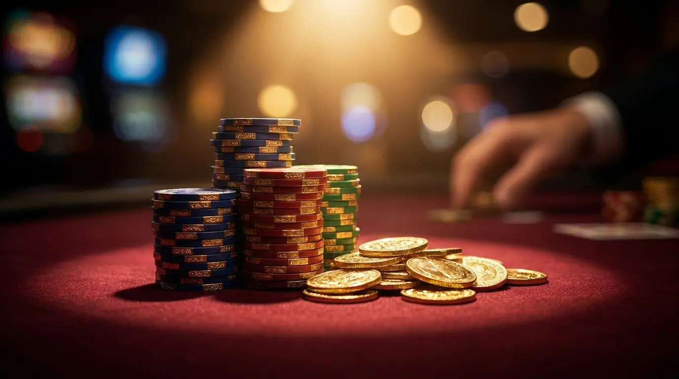 Fichas de casino y monedas doradas sobre mesa de juego