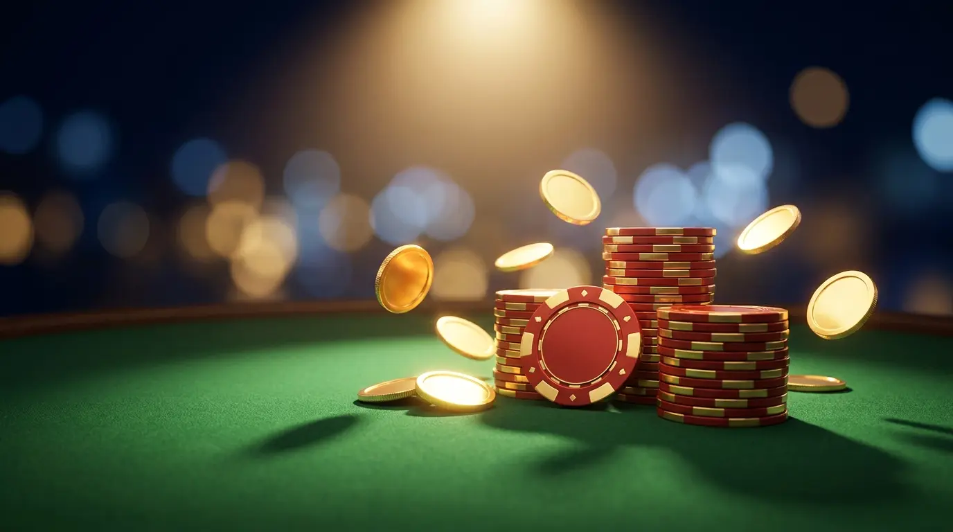 Fichas de casino y monedas doradas sobre mesa de juego verde
