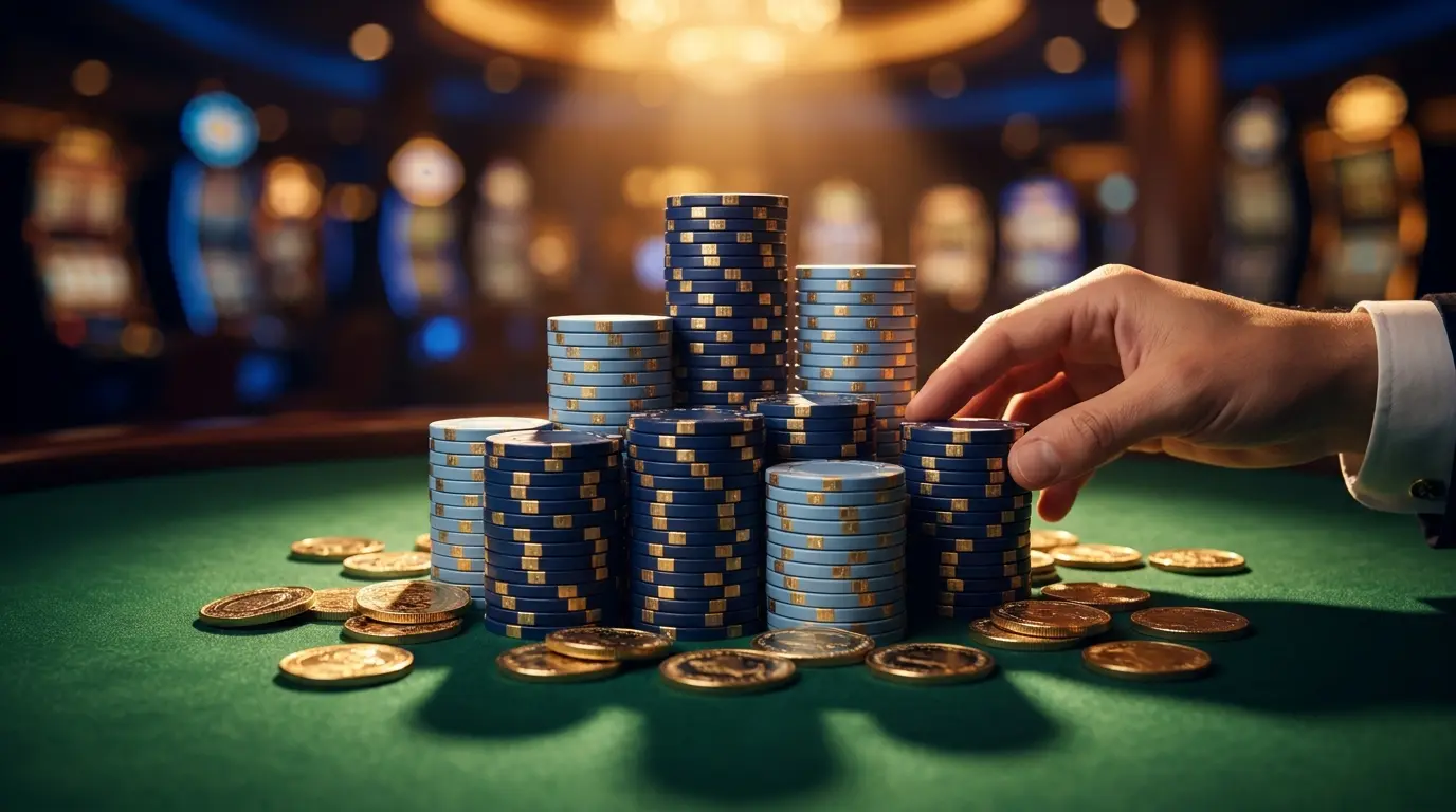 Fichas de casino apiladas con monedas doradas sobre mesa de fieltro