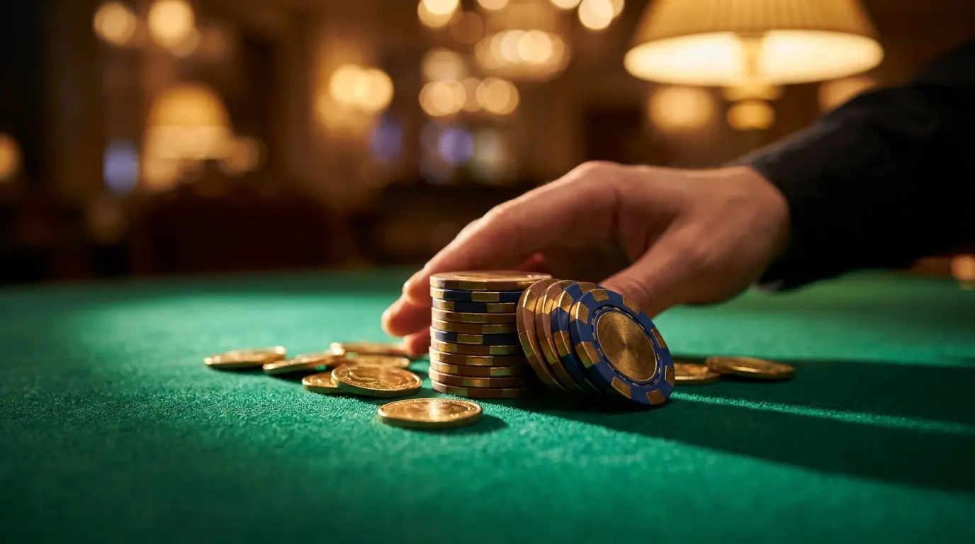 Fichas de casino apiladas con monedas doradas sobre mesa verde