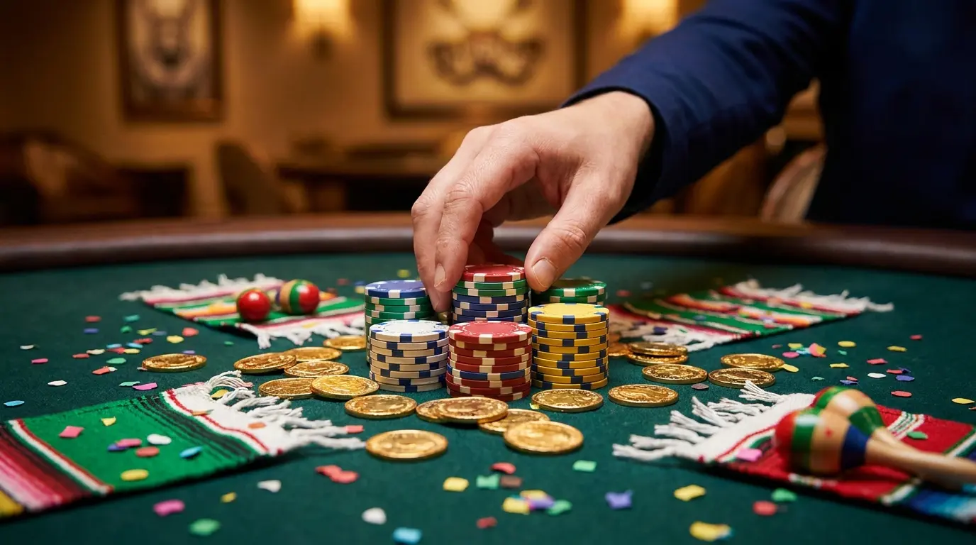 Fichas de casino y monedas doradas con colores mexicanos
