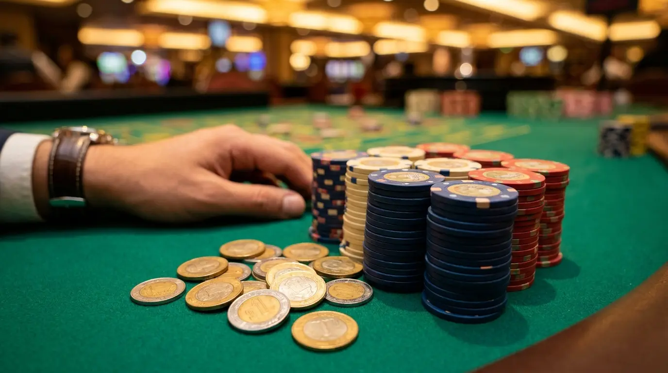 Fichas de casino junto a monedas mexicanas sobre mesa de fieltro verde