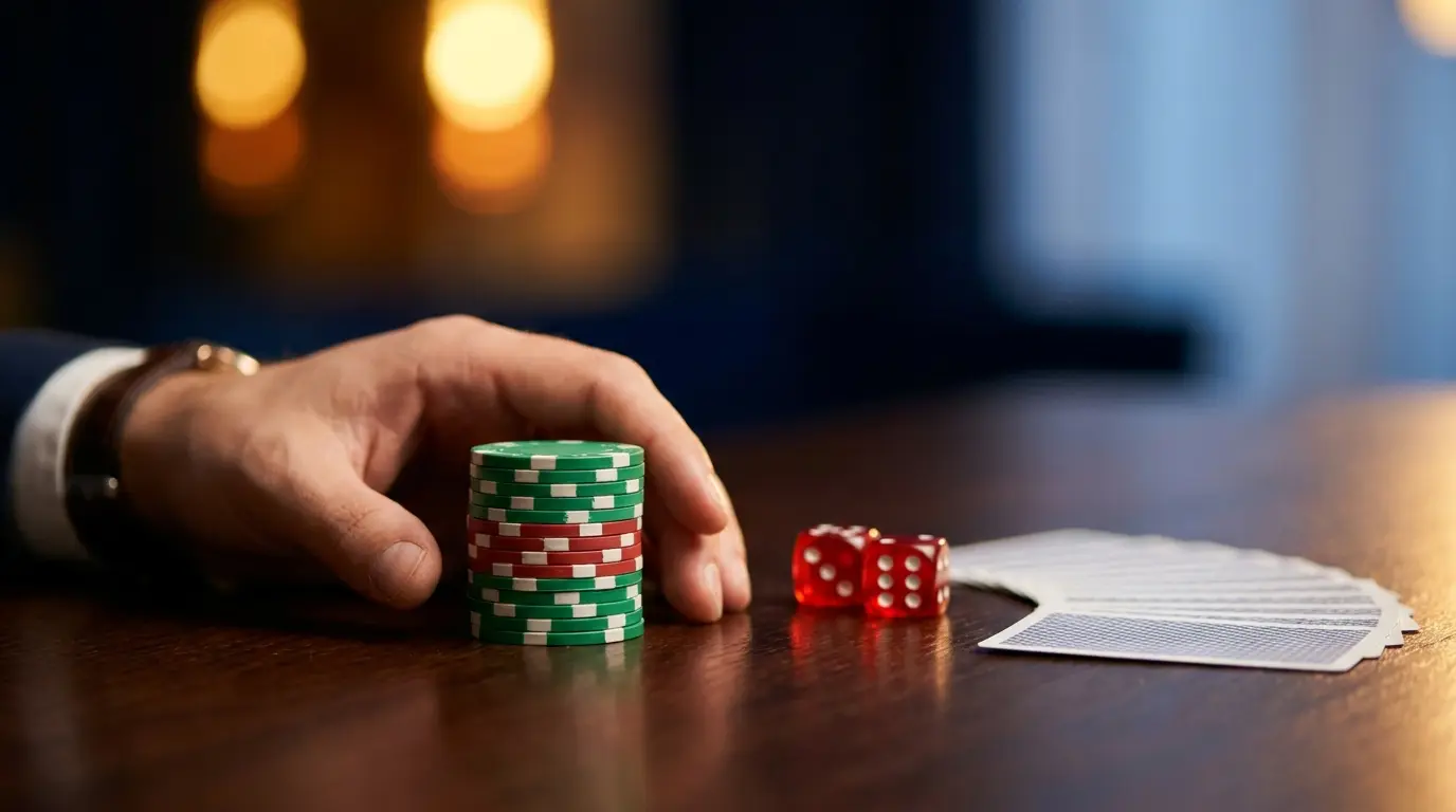 Fichas de casino apiladas con dados y cartas en superficie oscura