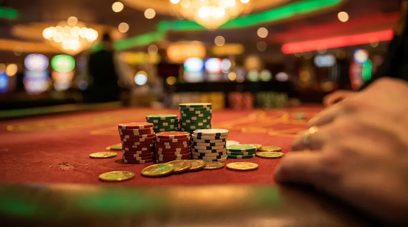 Fichas de casino y monedas sobre mesa con iluminaci贸n mexicana