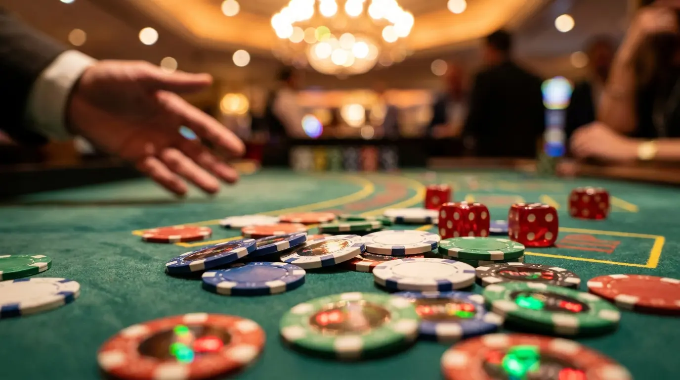 Fichas de casino y dados sobre mesa de fieltro verde