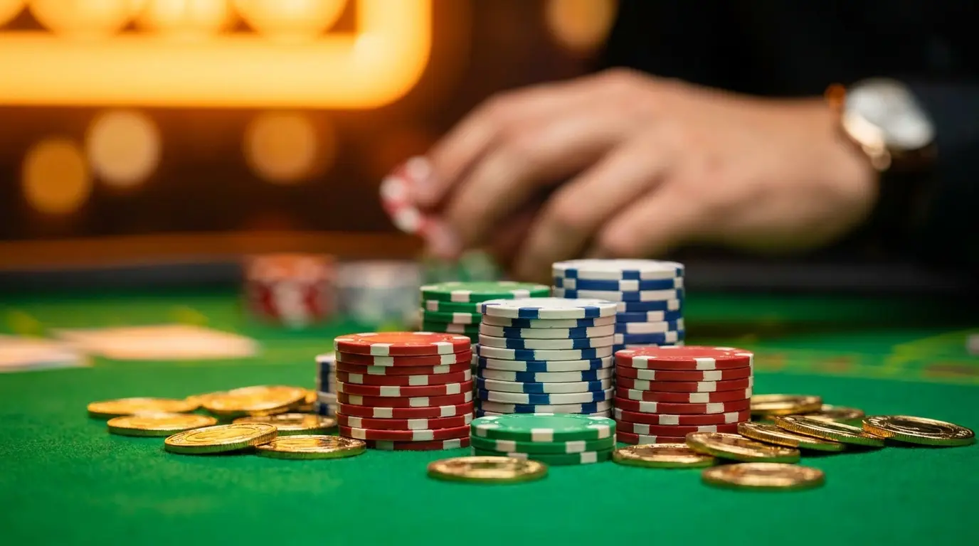 Fichas de casino y monedas sobre mesa con colores mexicanos
