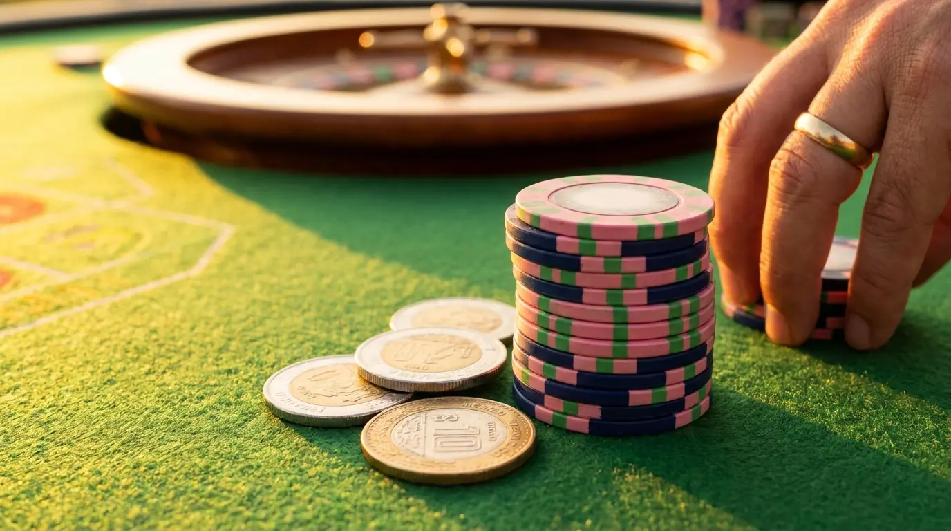 Fichas de casino y monedas mexicanas sobre mesa de juego verde