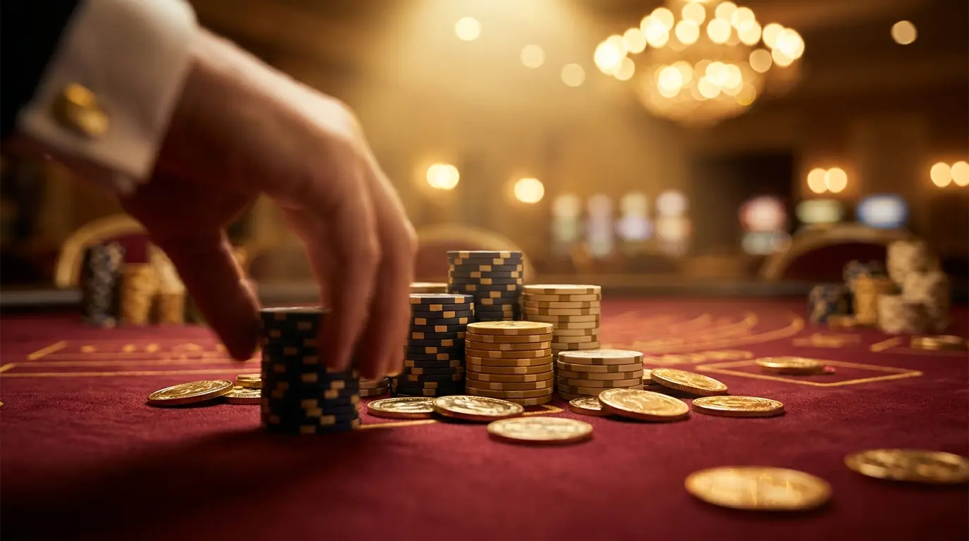 Fichas de casino y monedas doradas sobre mesa de fieltro rojo