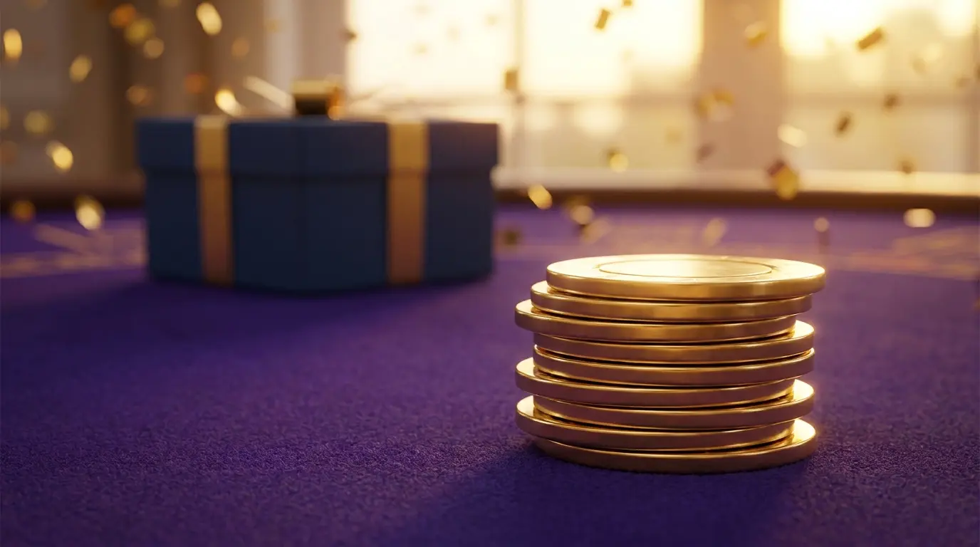 Fichas de casino doradas con caja de regalo de bienvenida