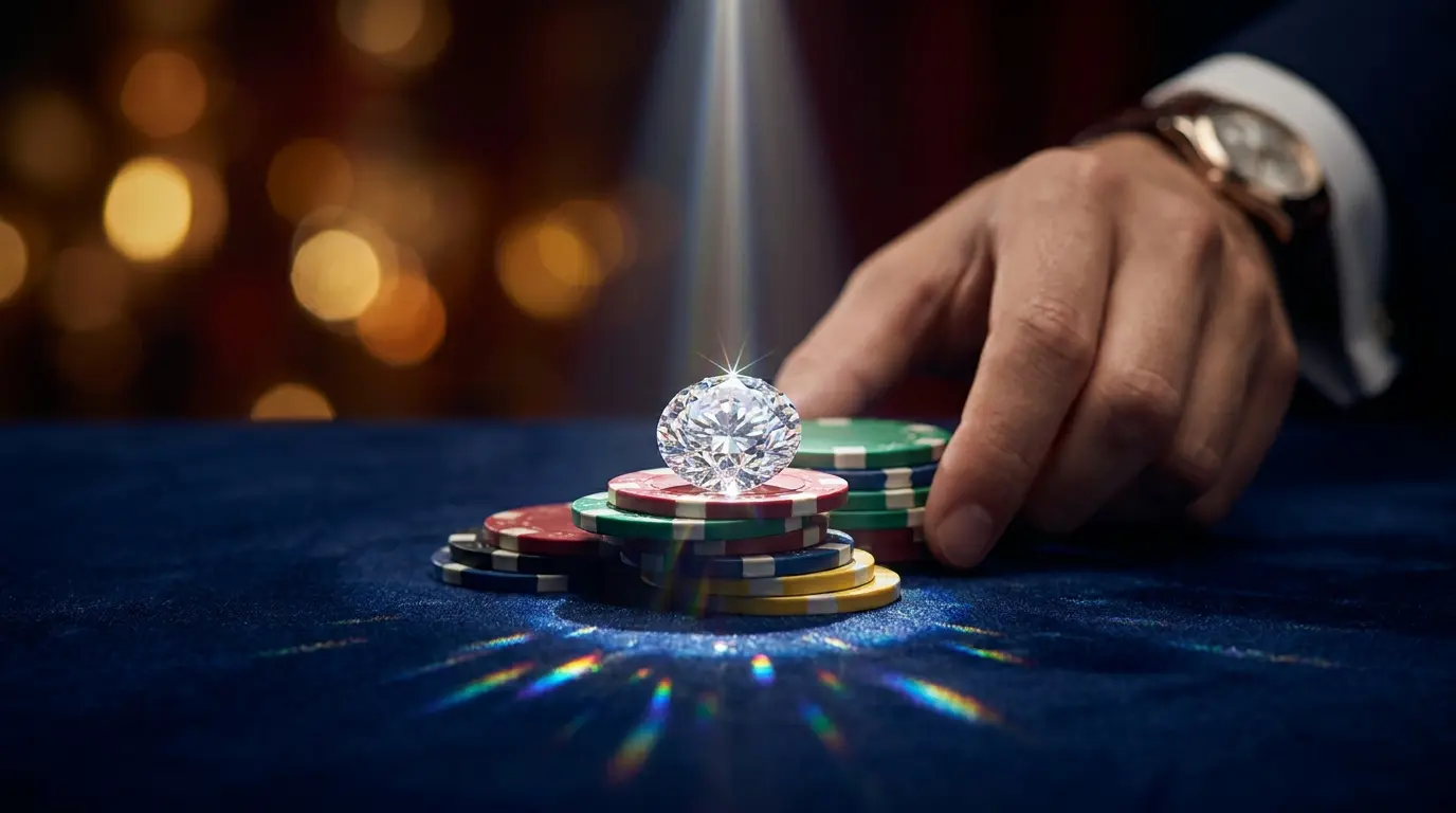 Diamante brillante sobre fichas de casino con iluminación lujosa